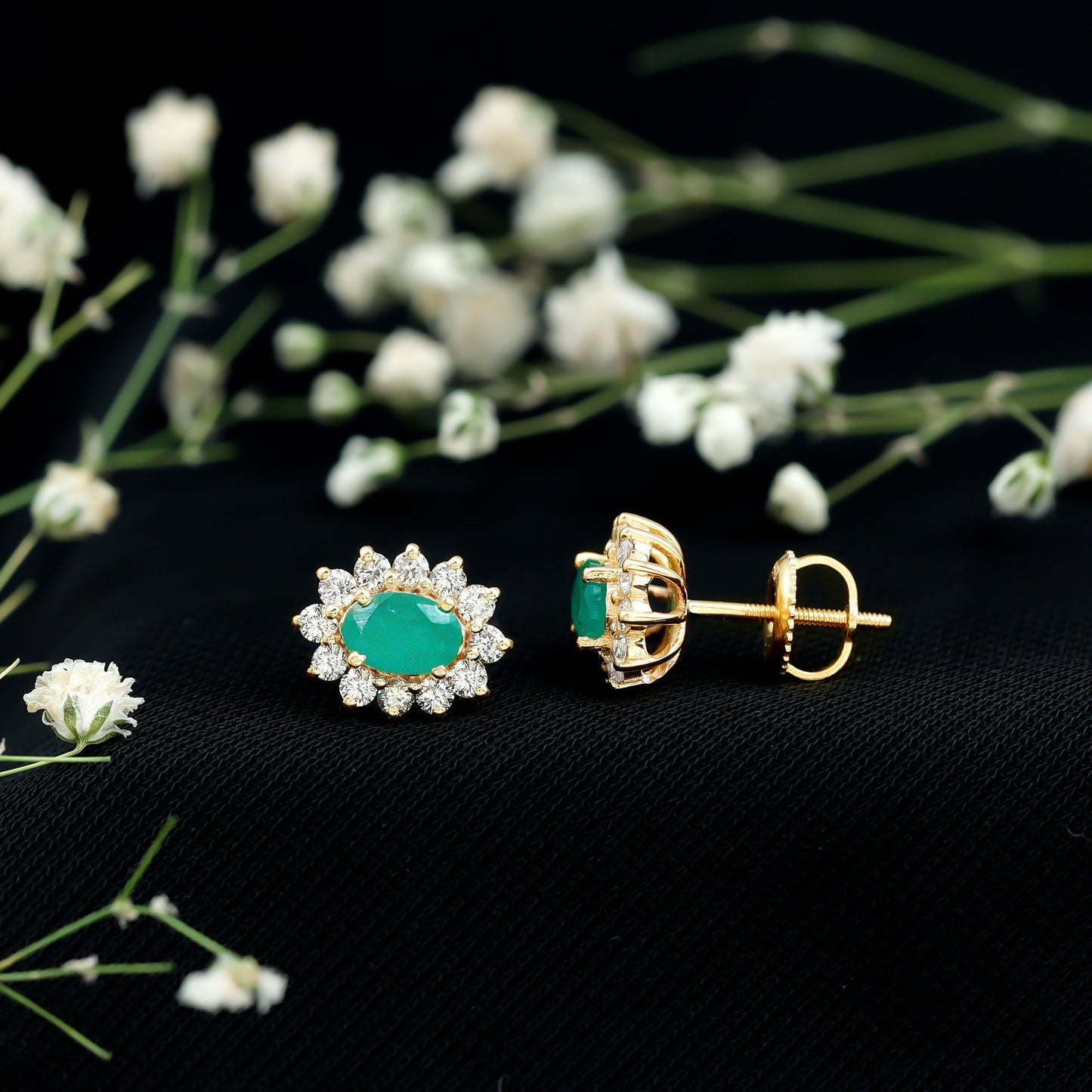 Natural 0.8 Carat Oval Cut Emerald and Diamond Earrings