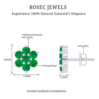 Natural Emerald Flower Stud Earrings with Screw Back