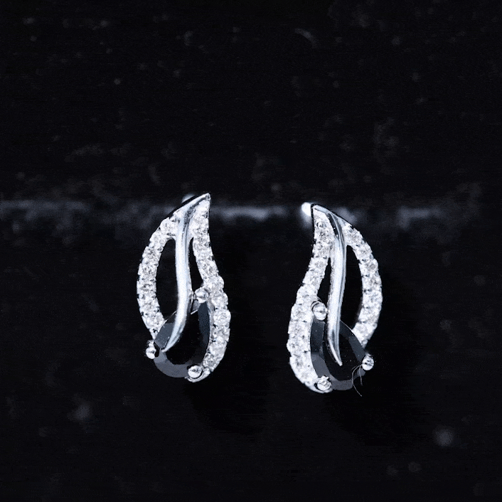 Pear Shape Black Spinel and Diamond Leaf Stud Earrings