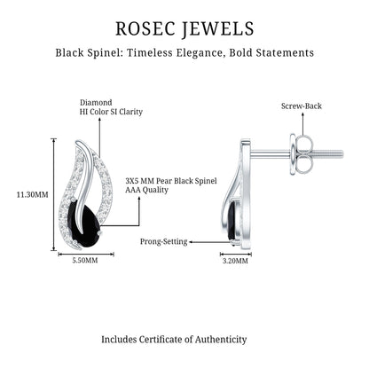 Pear Shape Black Spinel and Diamond Leaf Stud Earrings