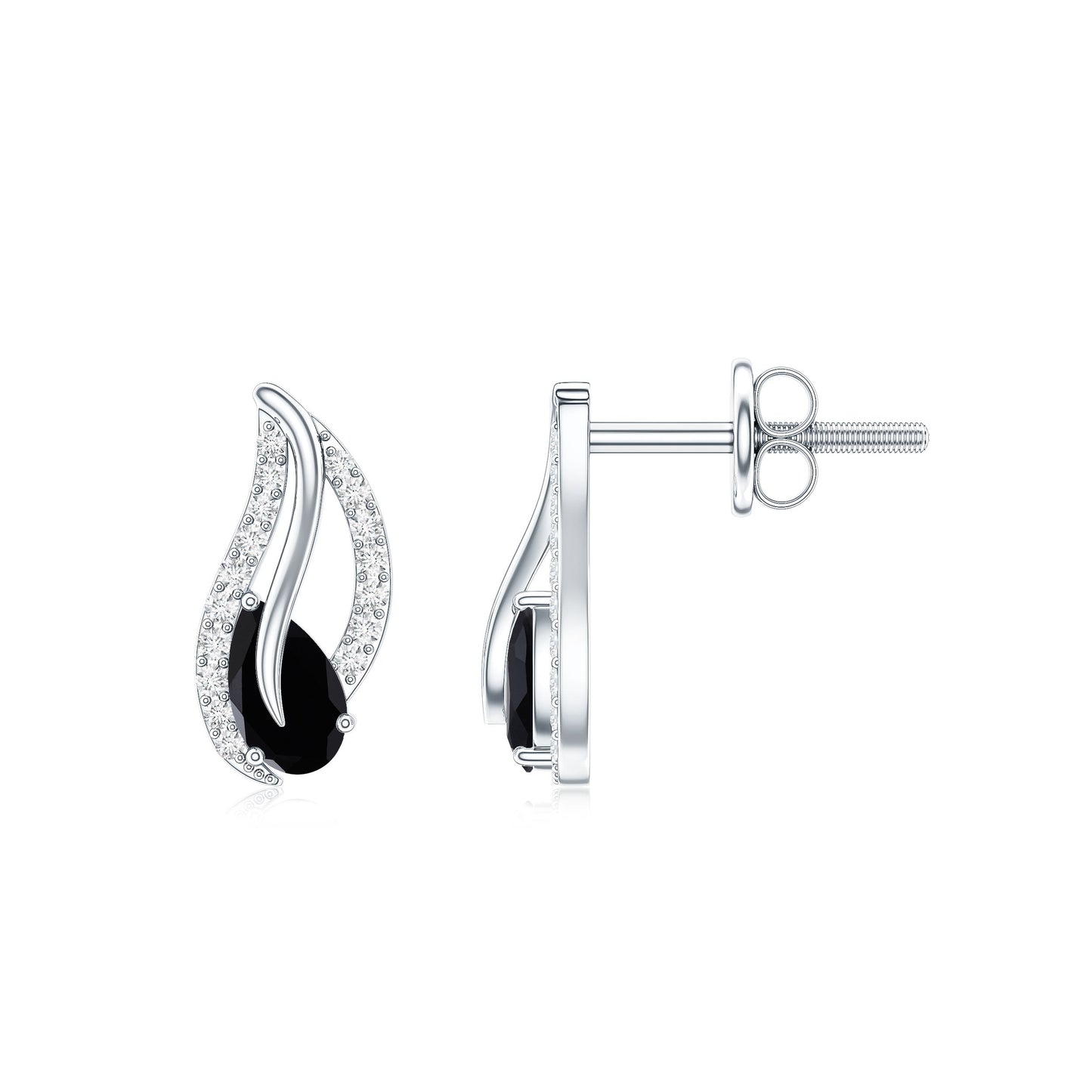 Pear Shape Black Spinel and Diamond Leaf Stud Earrings