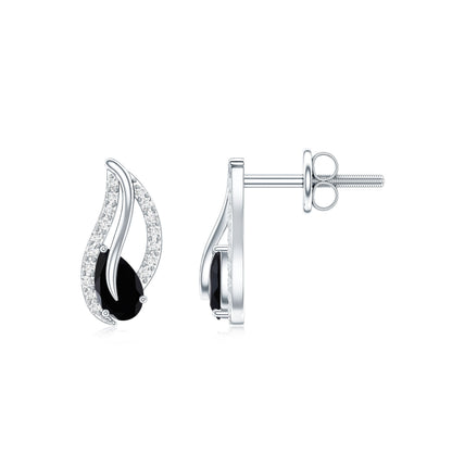 Pear Shape Black Spinel and Diamond Leaf Stud Earrings