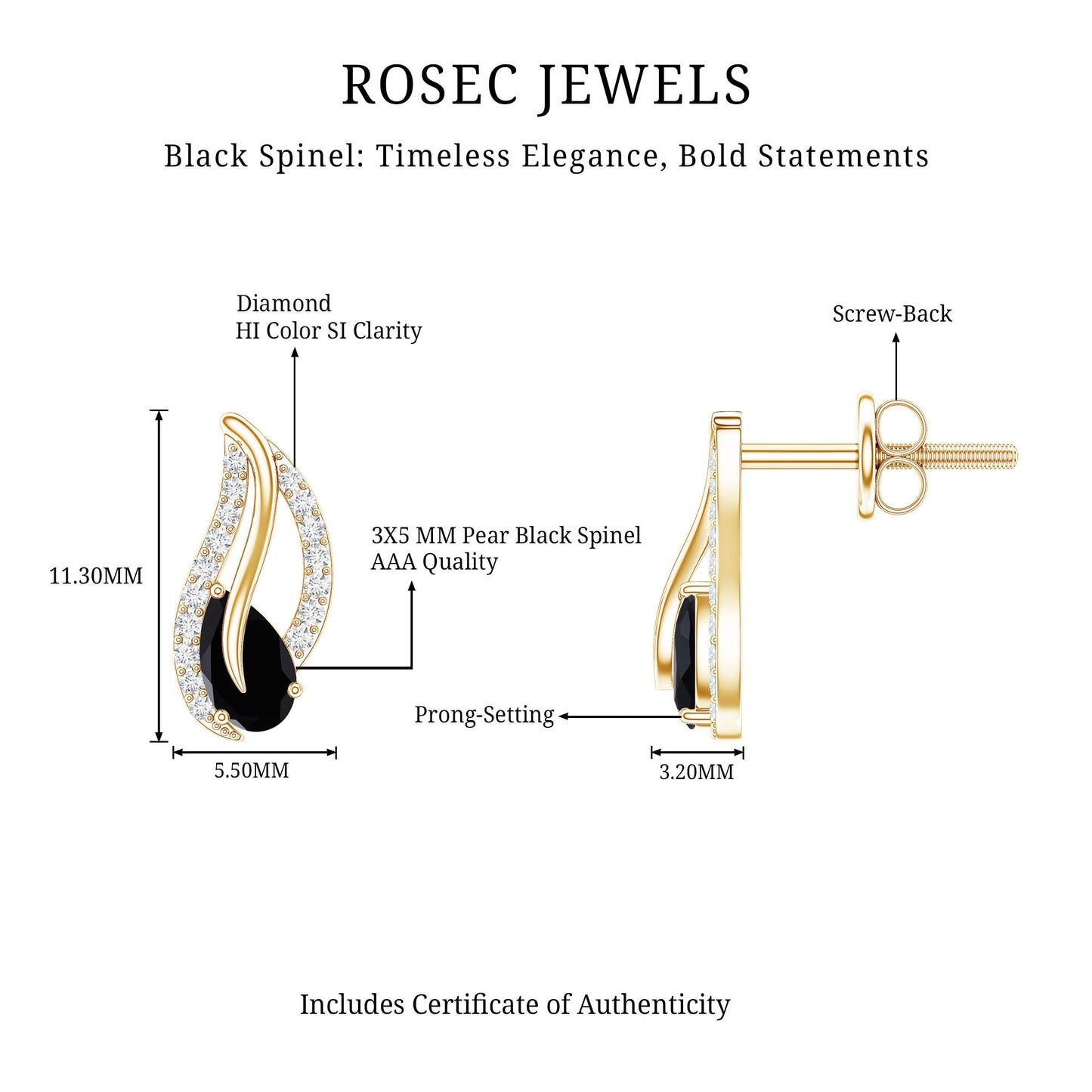 Pear Shape Black Spinel and Diamond Leaf Stud Earrings