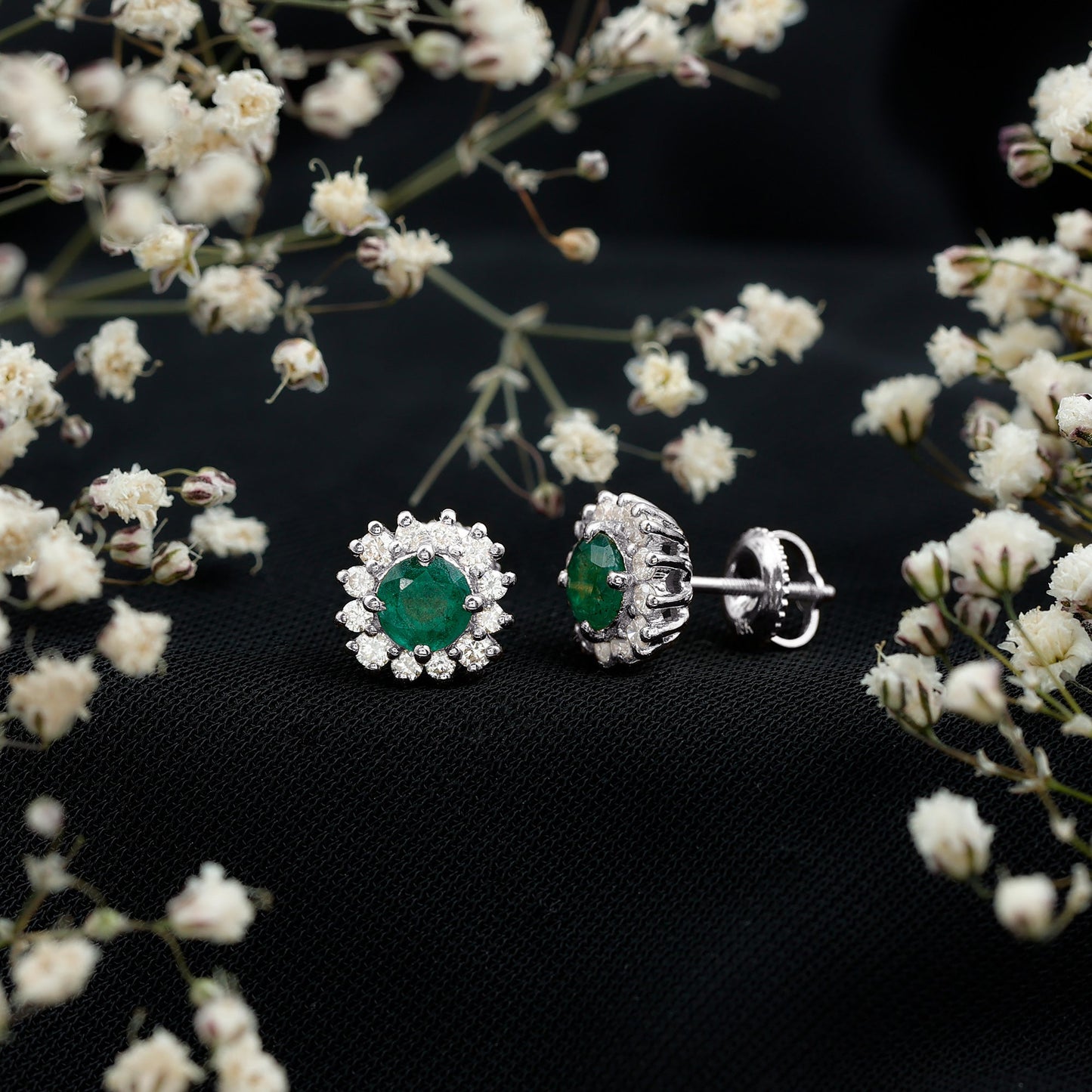 Classic Emerald Stud Earrings with Diamond Halo