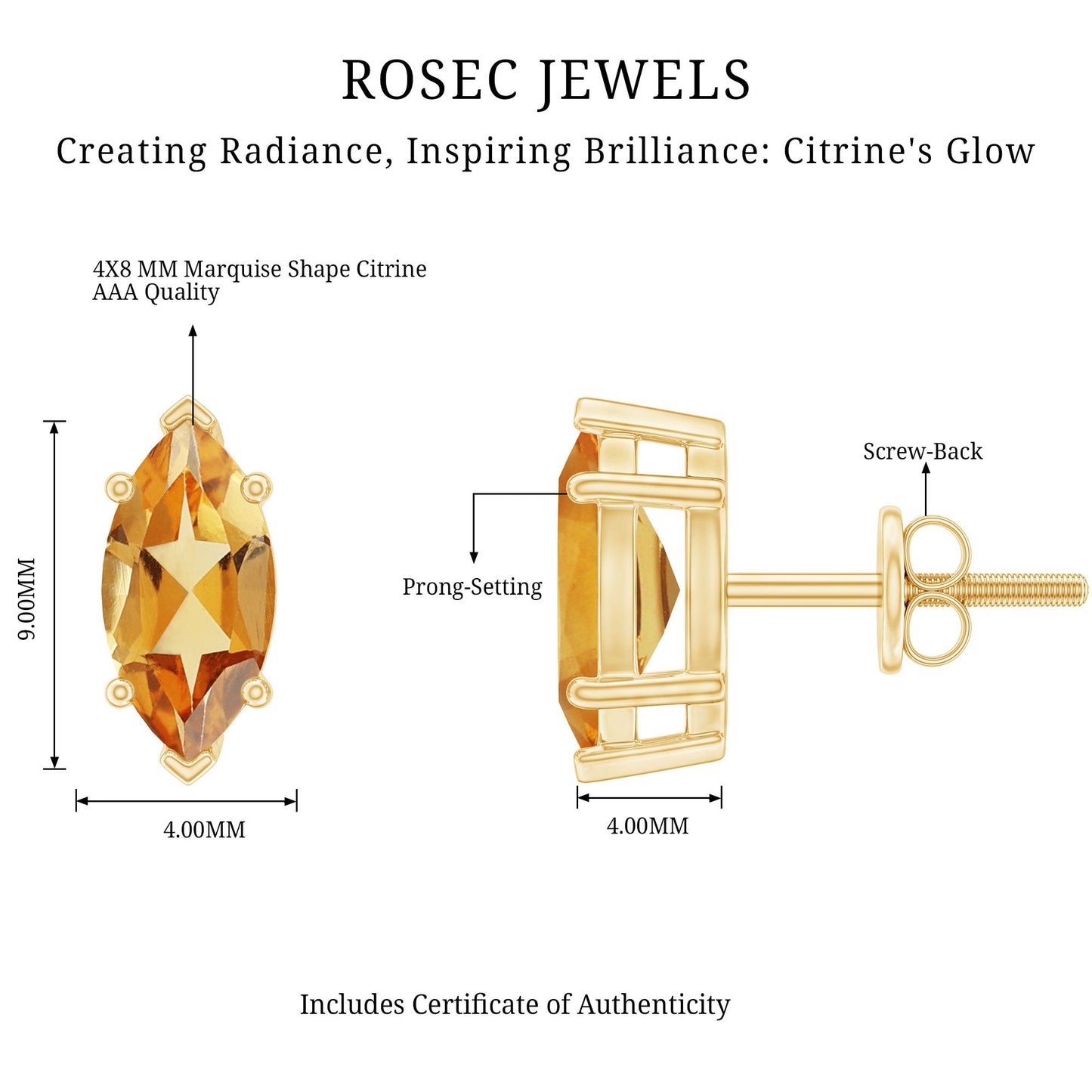 Natural 1.48 Carat Marquise Cut Citrine Stud Earrings