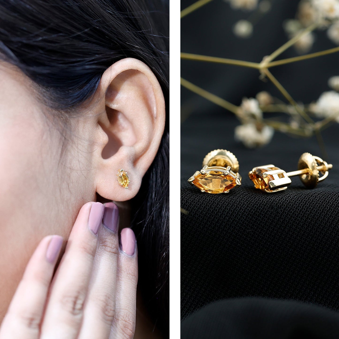 Natural 1.48 Carat Marquise Cut Citrine Stud Earrings