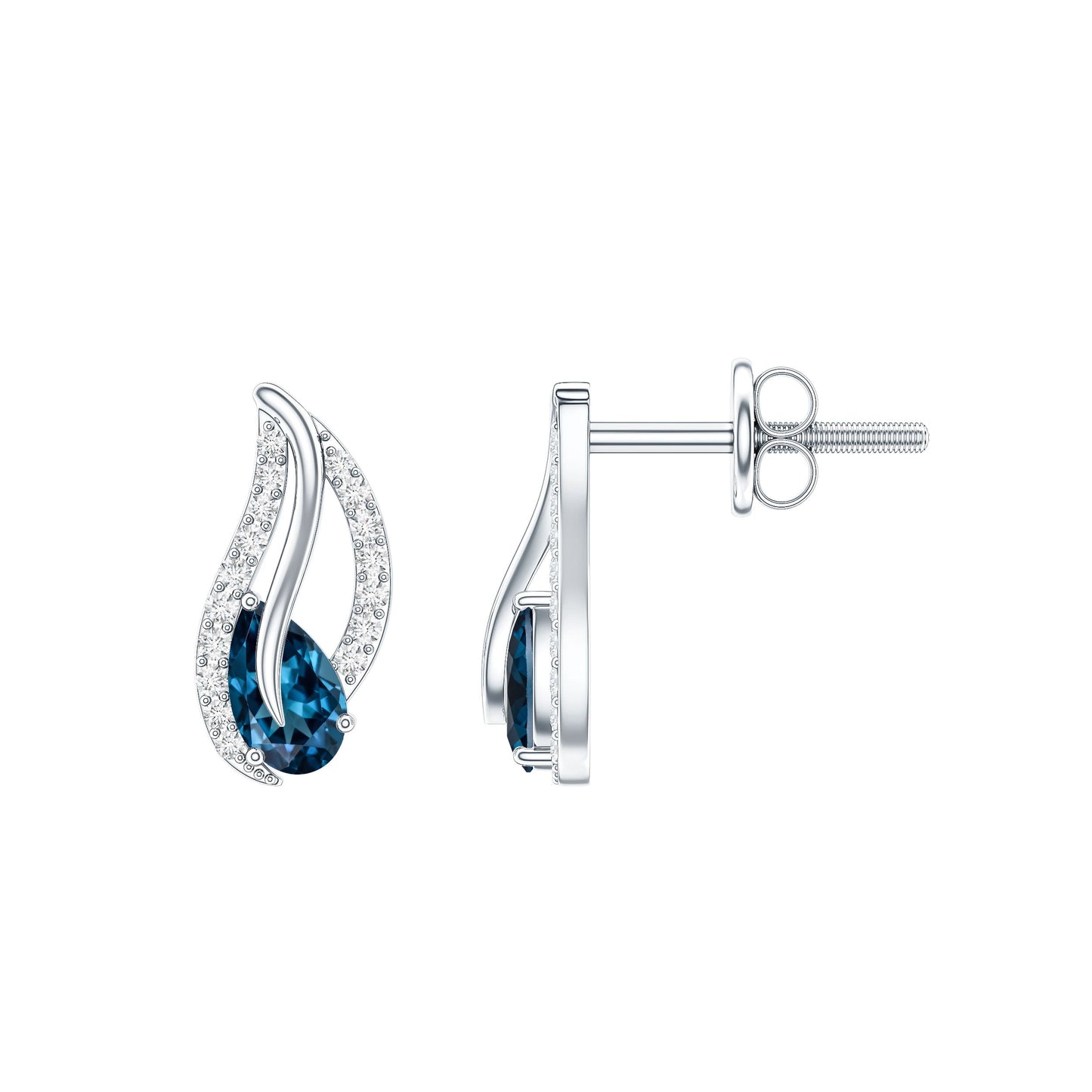 Pear Shape London Blue Topaz and Diamond Leaf Stud Earrings