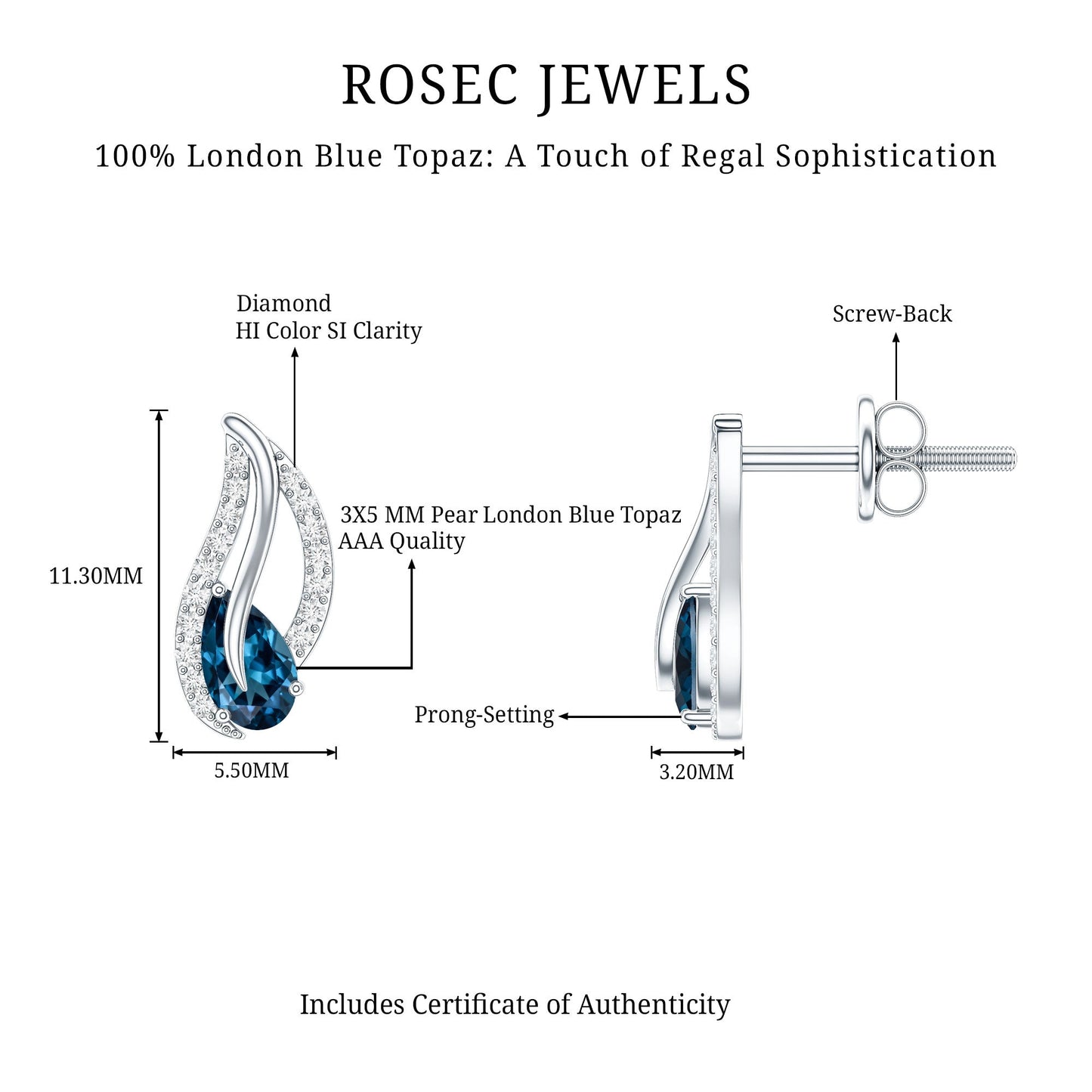 Pear Shape London Blue Topaz and Diamond Leaf Stud Earrings