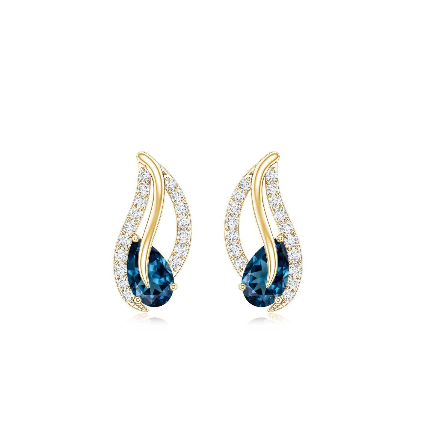 Pear Shape London Blue Topaz and Diamond Leaf Stud Earrings