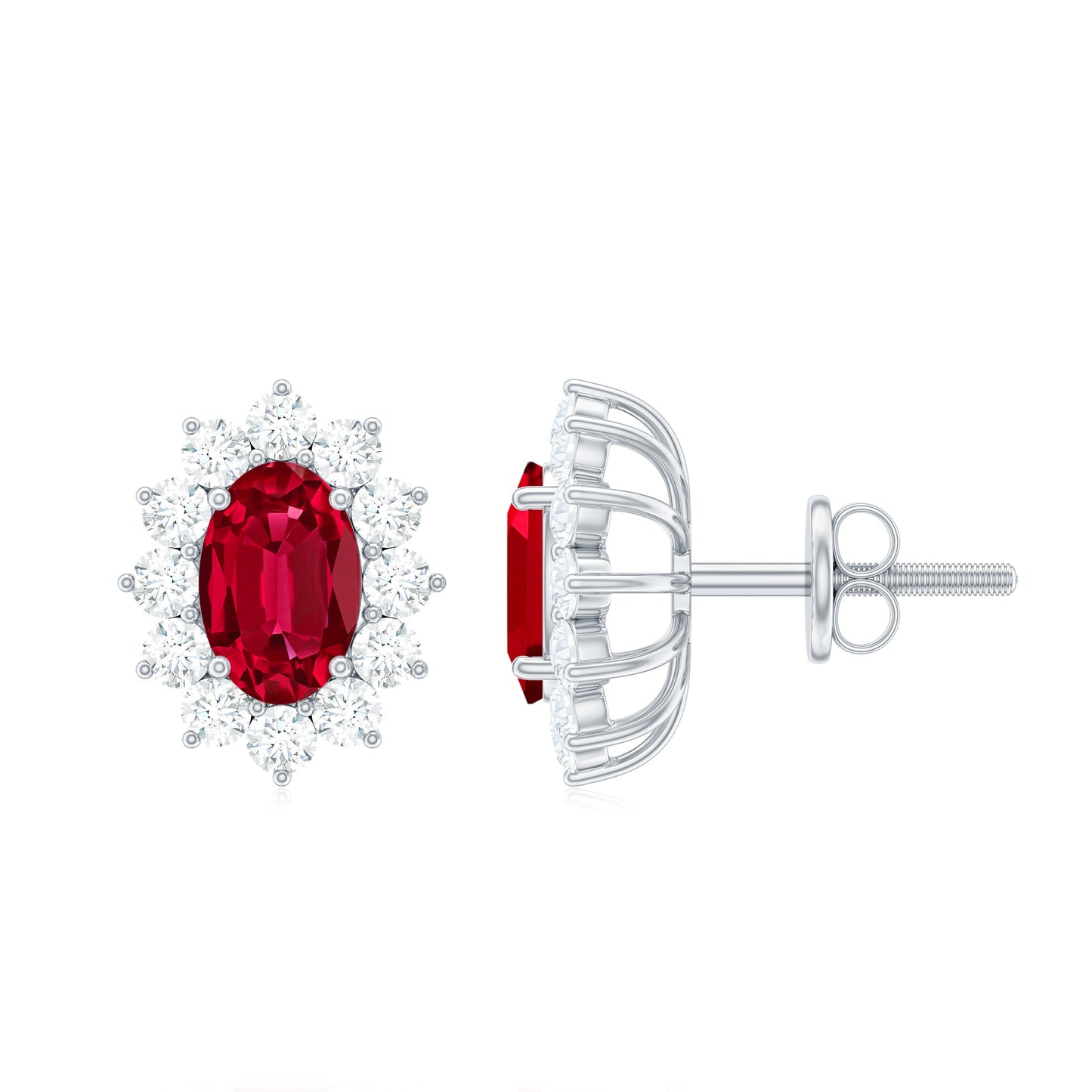 Oval Shape Lab Created Ruby and Diamond Halo Stud Earrings