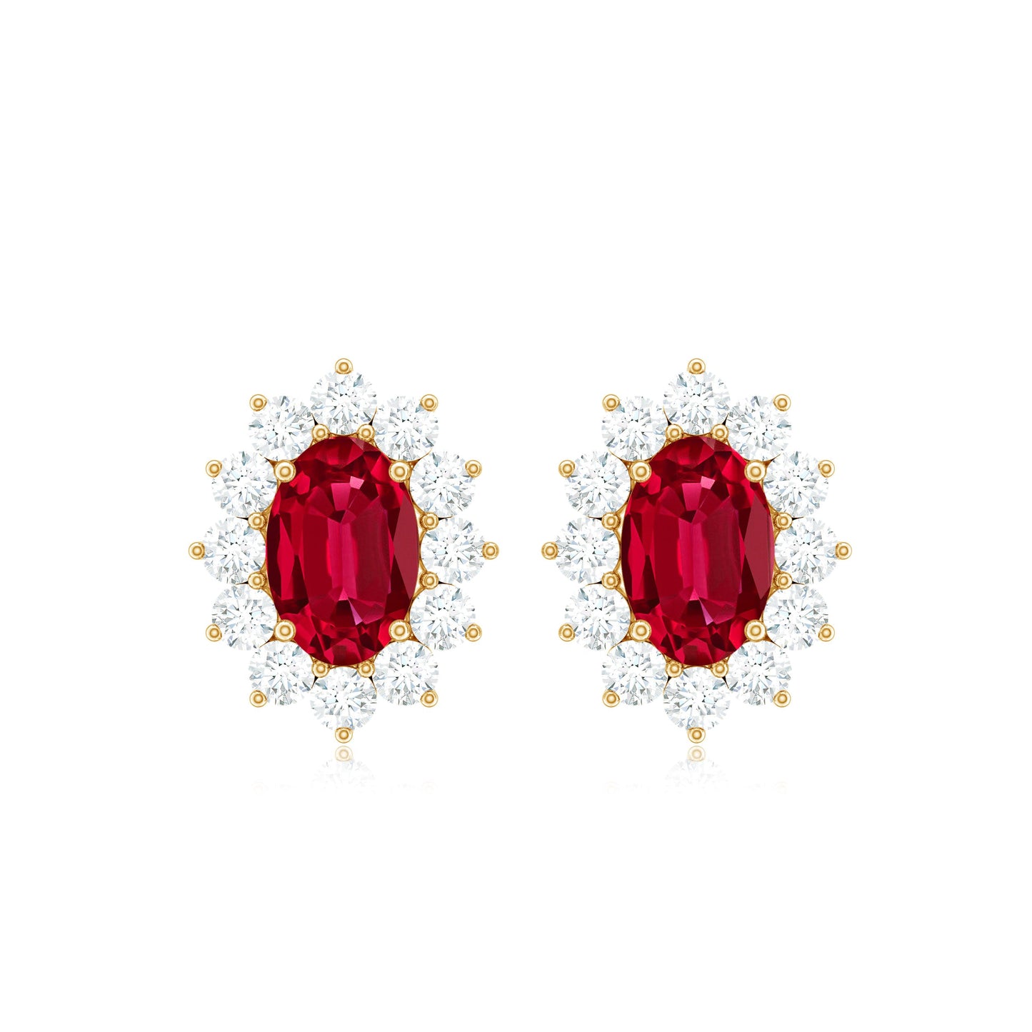Oval Shape Lab Created Ruby and Diamond Halo Stud Earrings