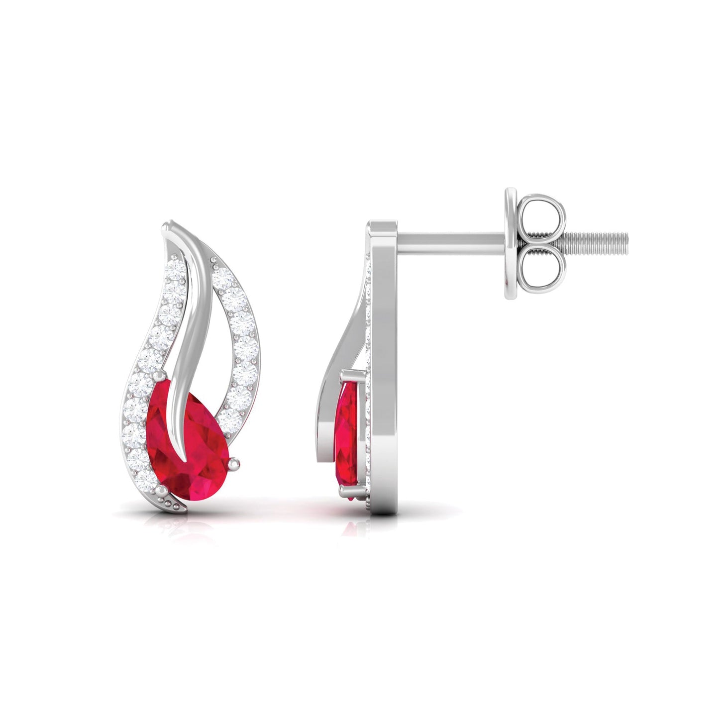 Pear Shape Lab Created Ruby and Diamond Leaf Stud Earrings