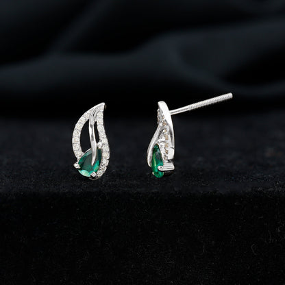 Lab Created Emerald and Diamond Leaf Stud Earrings