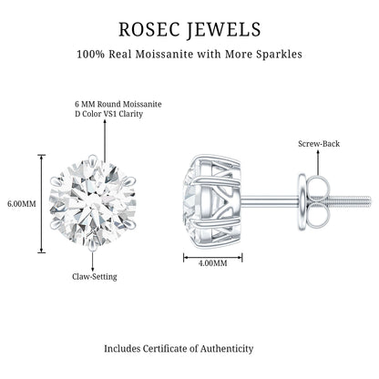 Claw Set Moissanite Solitaire Stud Earrings with Screw Backs