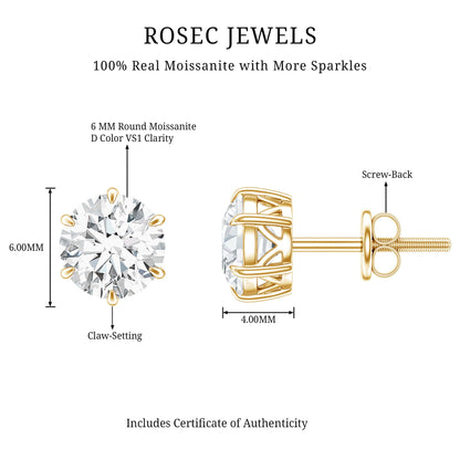 Claw Set Moissanite Solitaire Stud Earrings with Screw Backs