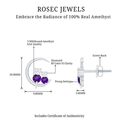 Natural Amethyst and Diamond Cat on Moon Stud Earrings