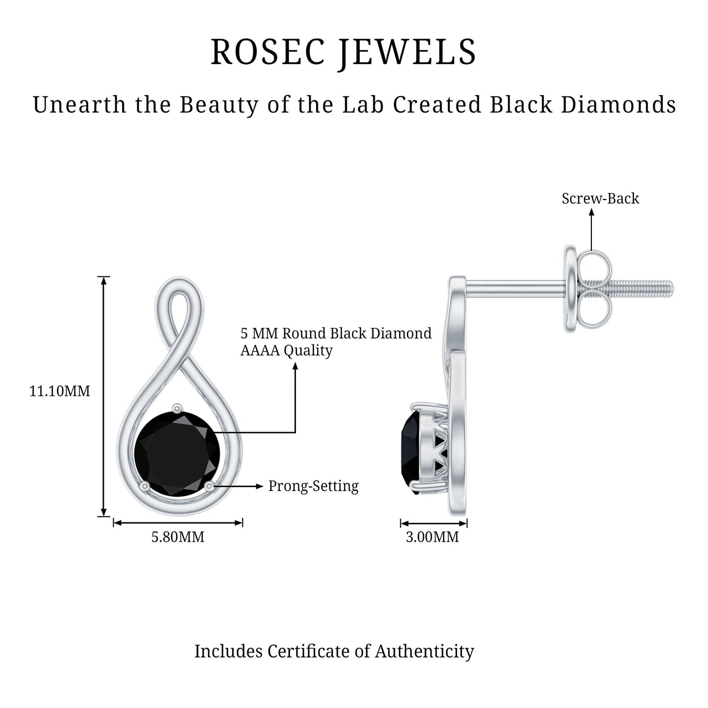 1.6 Carat Solitaire Lab Created Black Diamond Infinity Stud Earrings