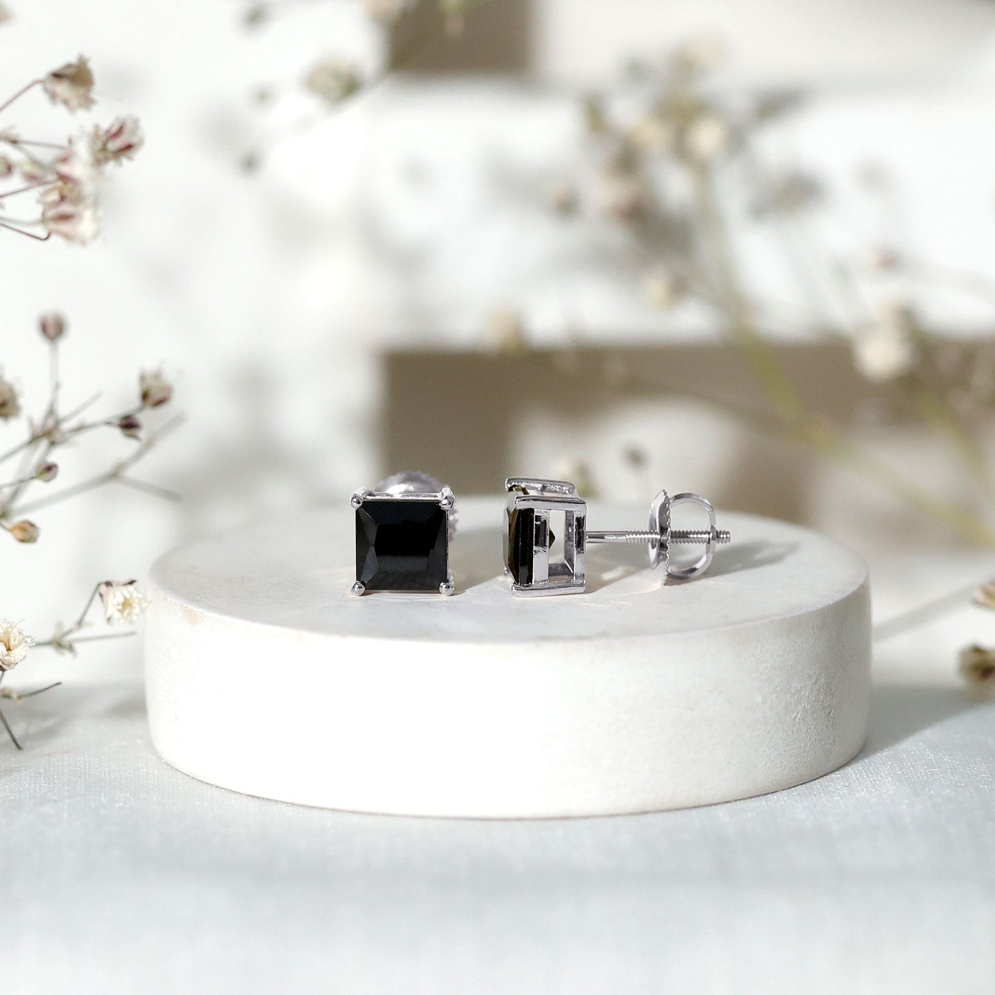 Princess Cut Lab Grown Black Diamond Solitaire Stud Earrings