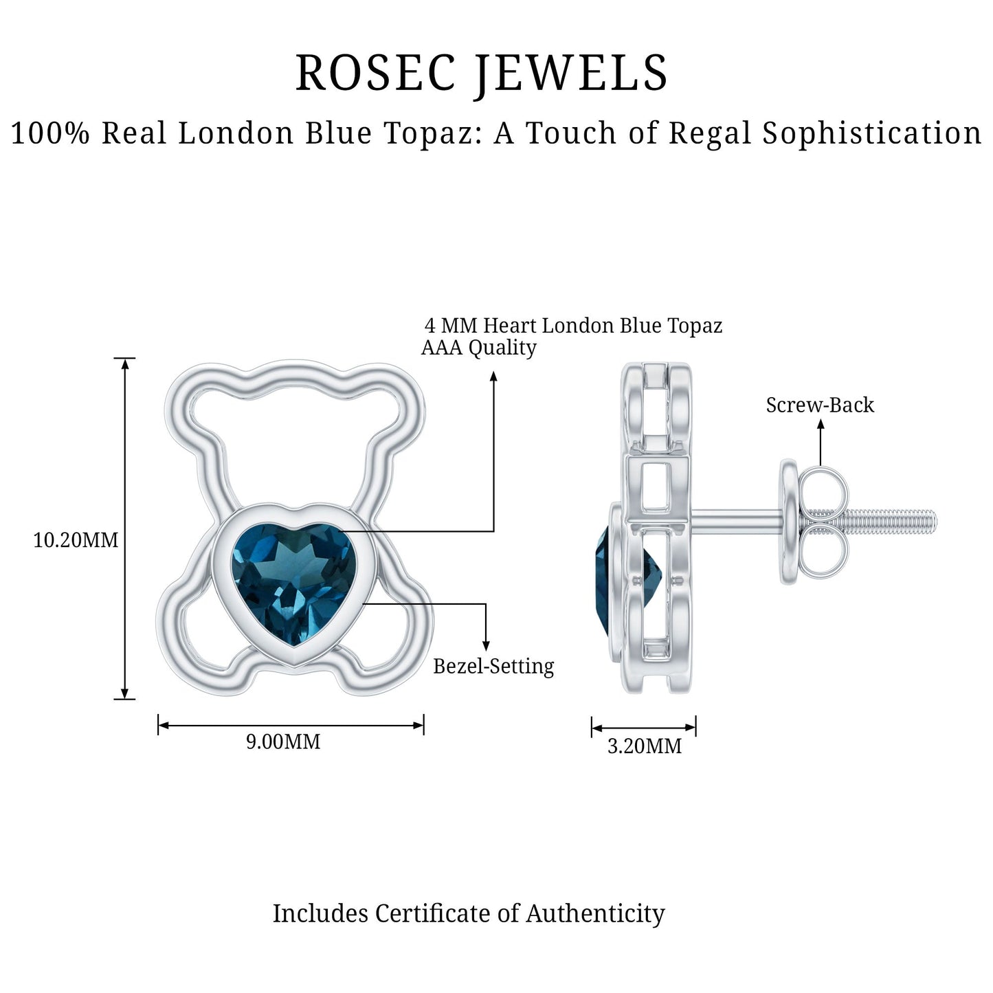 1/2 CT Heart Shape London Blue Topaz Teddy Bear Earrings
