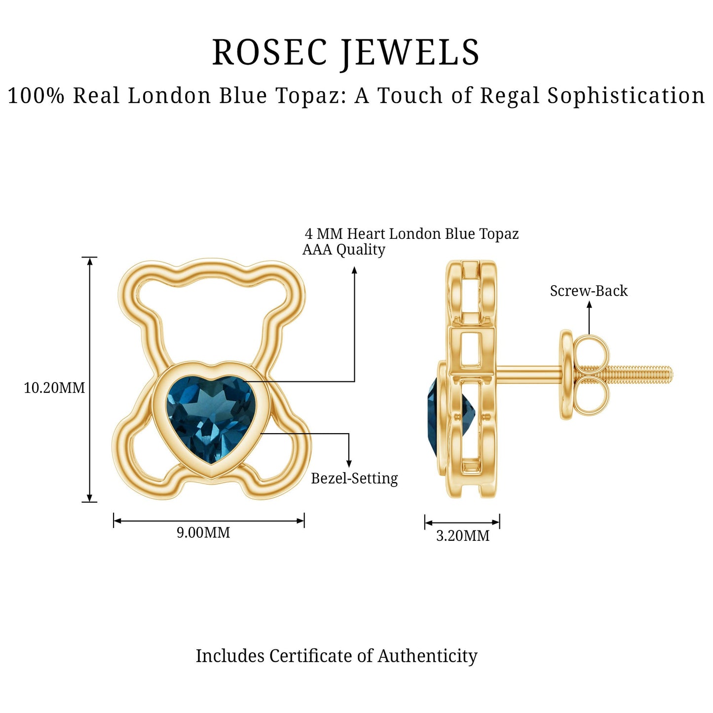 1/2 CT Heart Shape London Blue Topaz Teddy Bear Earrings