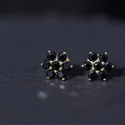Genuine Black Onyx Flower Cluster Stud Earrings