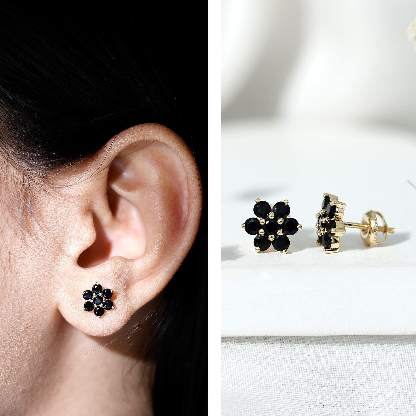 Genuine Black Onyx Flower Cluster Stud Earrings