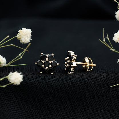Genuine Black Onyx Flower Cluster Stud Earrings