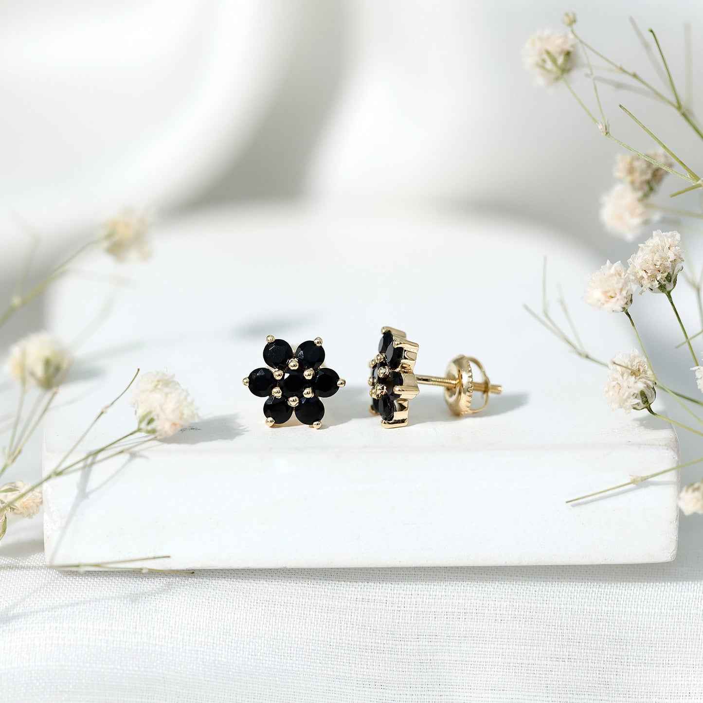 Genuine Black Onyx Flower Cluster Stud Earrings