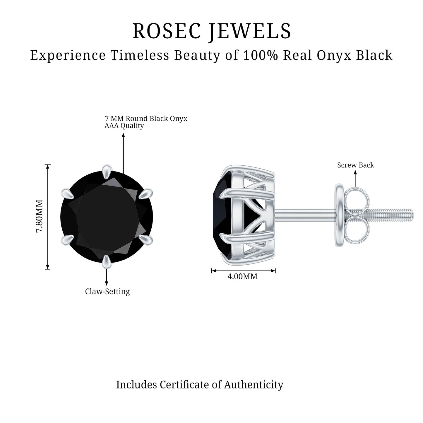 Natural Black Onyx December Birthstone Earrings with Screw Back