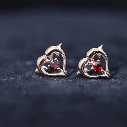 Heart Shape Garnet Kissing Dolphin Stud Earrings