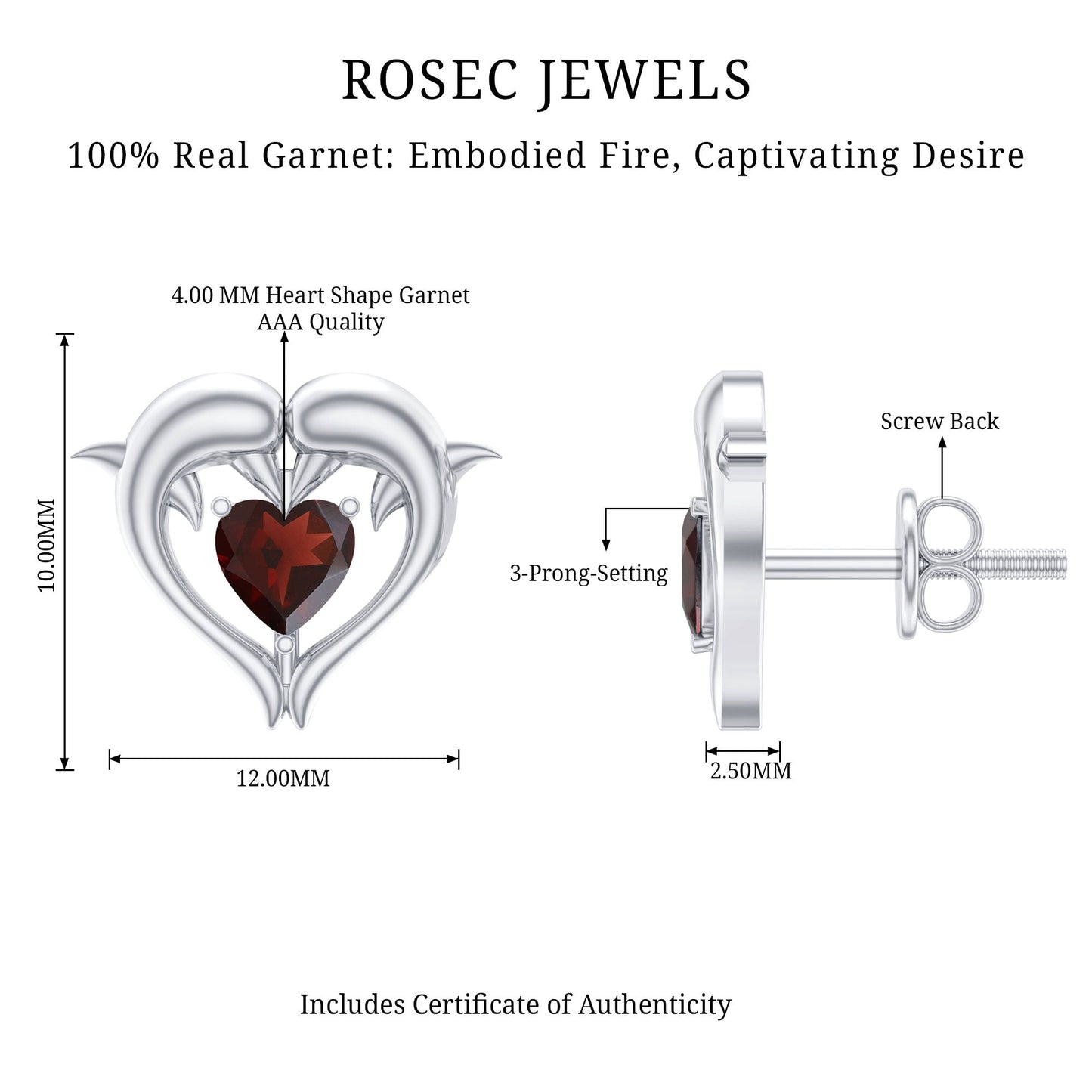 Heart Shape Garnet Kissing Dolphin Stud Earrings
