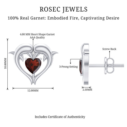 Heart Shape Garnet Kissing Dolphin Stud Earrings