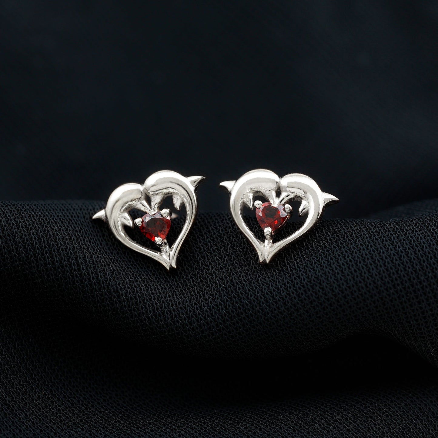 Heart Shape Garnet Kissing Dolphin Stud Earrings