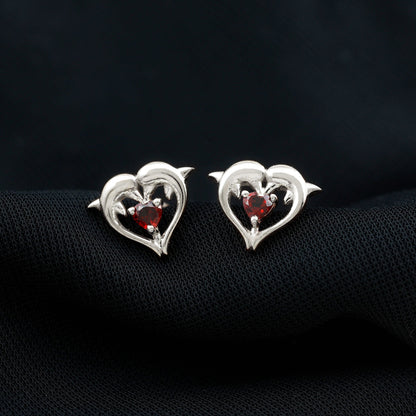 Heart Shape Garnet Kissing Dolphin Stud Earrings