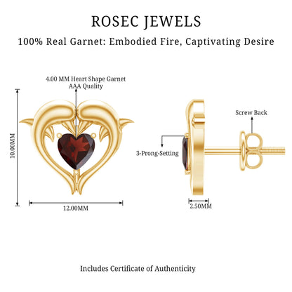 Heart Shape Garnet Kissing Dolphin Stud Earrings