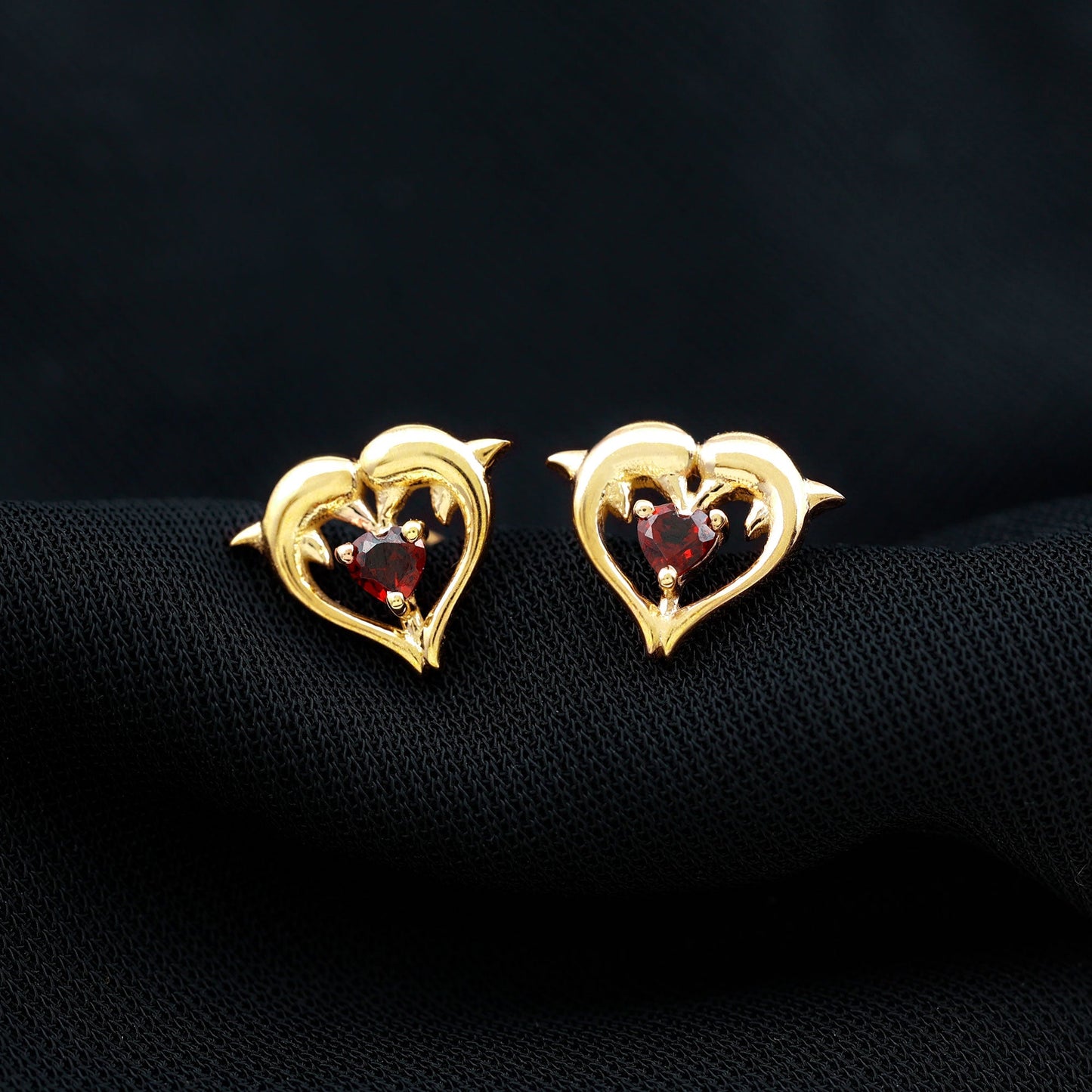 Heart Shape Garnet Kissing Dolphin Stud Earrings