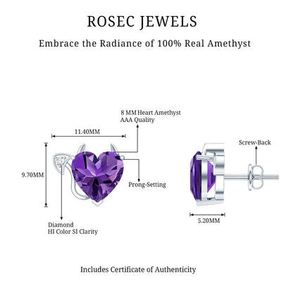 Heart Shape Amethyst and Diamond Gothic Stud Earrings