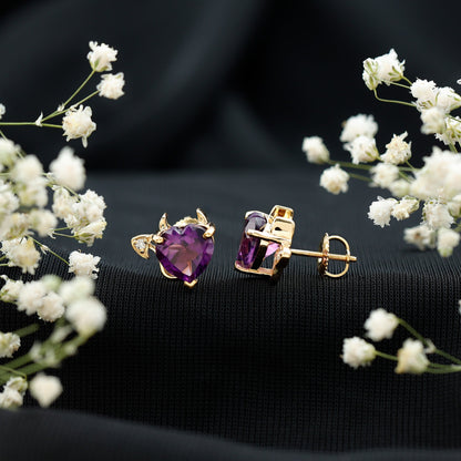 Heart Shape Amethyst and Diamond Gothic Stud Earrings