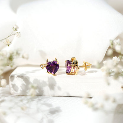 Heart Shape Amethyst and Diamond Gothic Stud Earrings