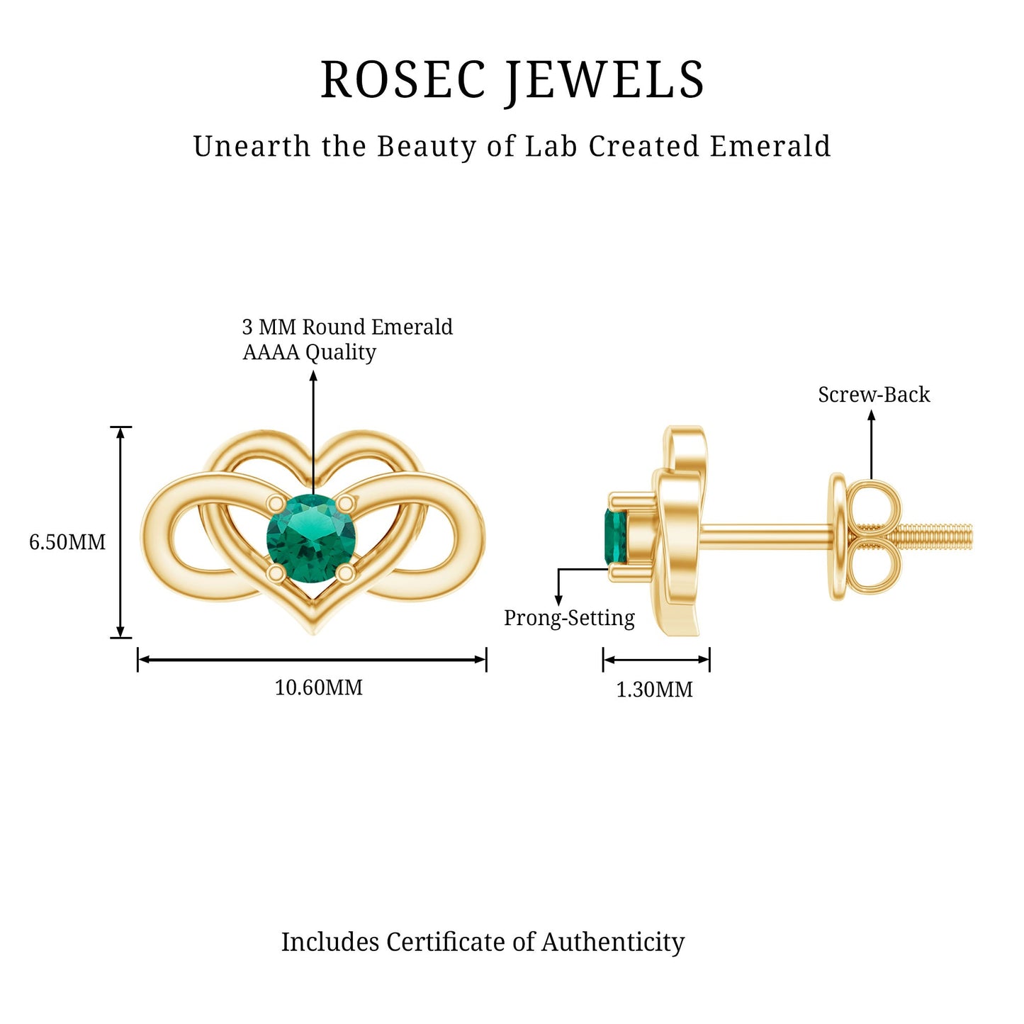 Lab Grown Emerald Infinity Heart Stud Earrings