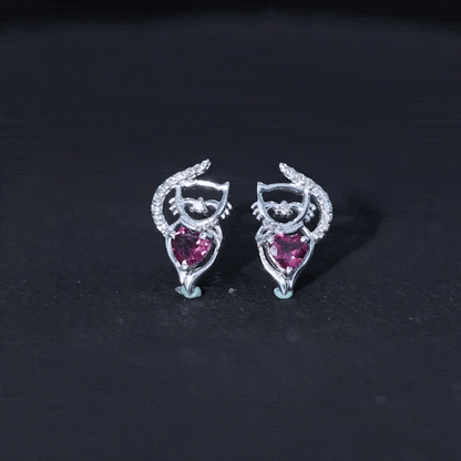 Heart Shape Pink Tourmaline and Diamond Cat Stud Earring