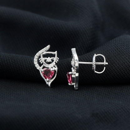 Heart Shape Pink Tourmaline and Diamond Cat Stud Earring