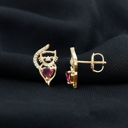Heart Shape Pink Tourmaline and Diamond Cat Stud Earring