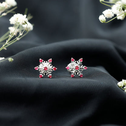Natural Ruby Flower Stud Earrings for Women