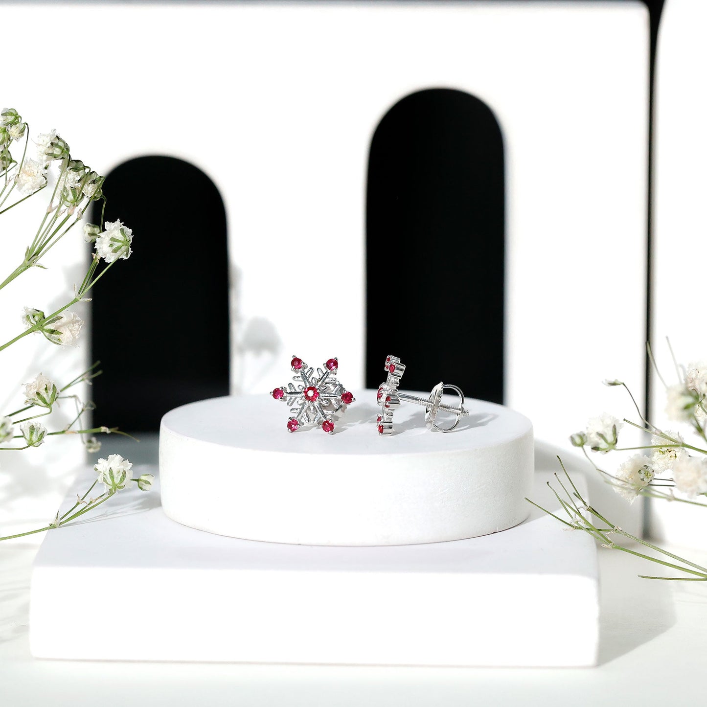 Natural Ruby Flower Stud Earrings for Women