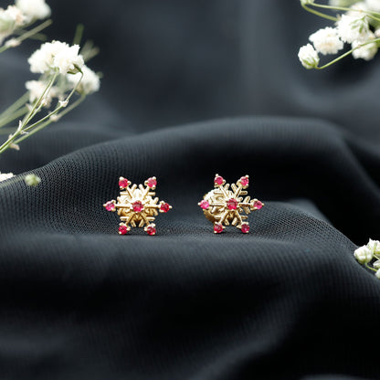 Natural Ruby Flower Stud Earrings for Women