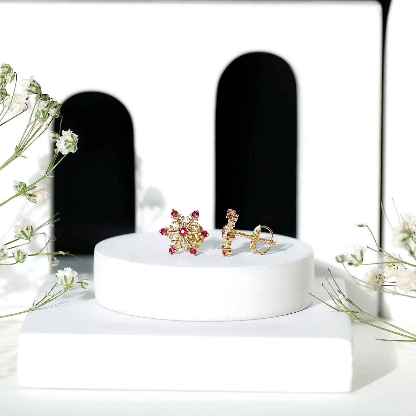 Natural Ruby Flower Stud Earrings for Women