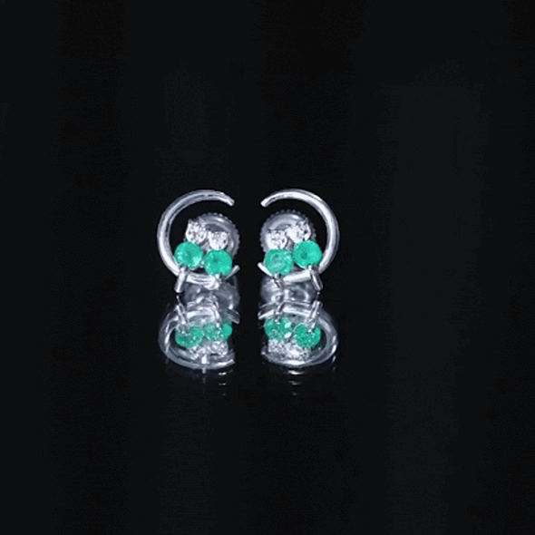 Genuine Emerald and Diamond Cat and Moon Stud Earrings