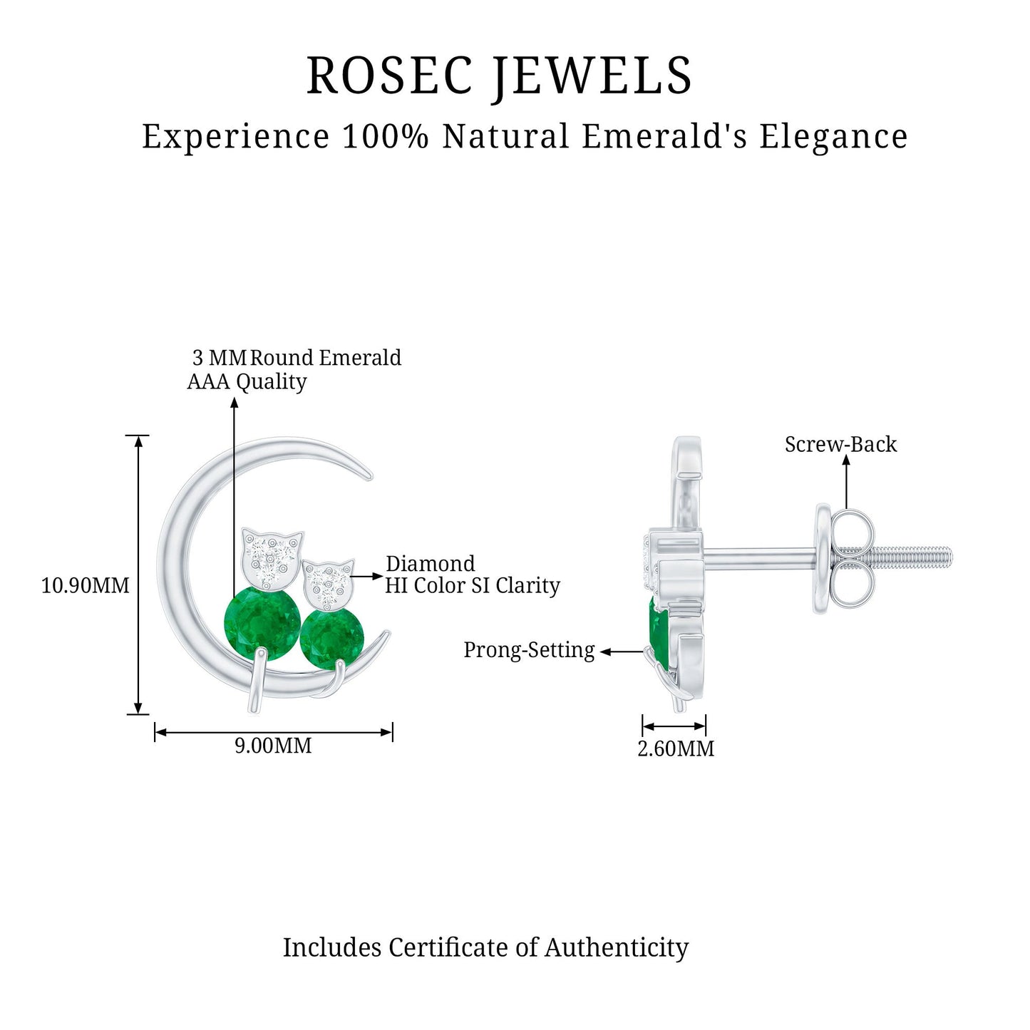 Genuine Emerald and Diamond Cat and Moon Stud Earrings