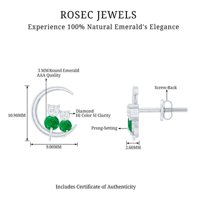 Genuine Emerald and Diamond Cat and Moon Stud Earrings